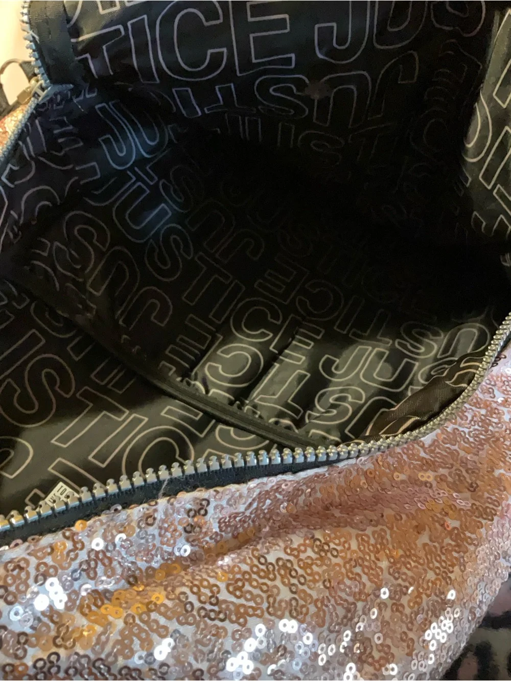 Justice Rose Gold Sequin Backpack with Black Interior